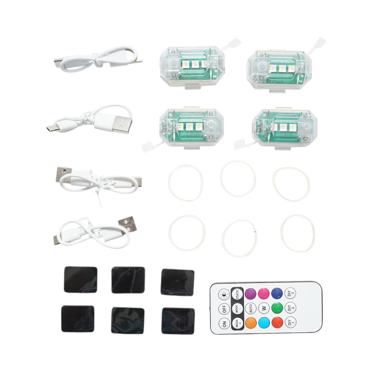Set 4 lampi LED RGB stroboscopice cu telecomanda, 10 moduri, 8 culori, baterie litiu 150mAh reincarcabila USB-C IP65
